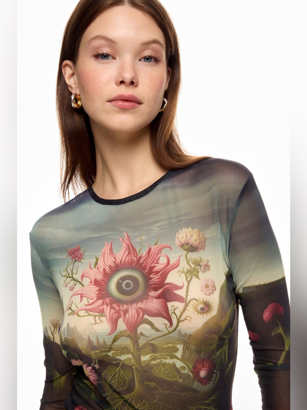 MONSE Sheer Long-Sleeve Floral Scenic Print Top in Pink and Green